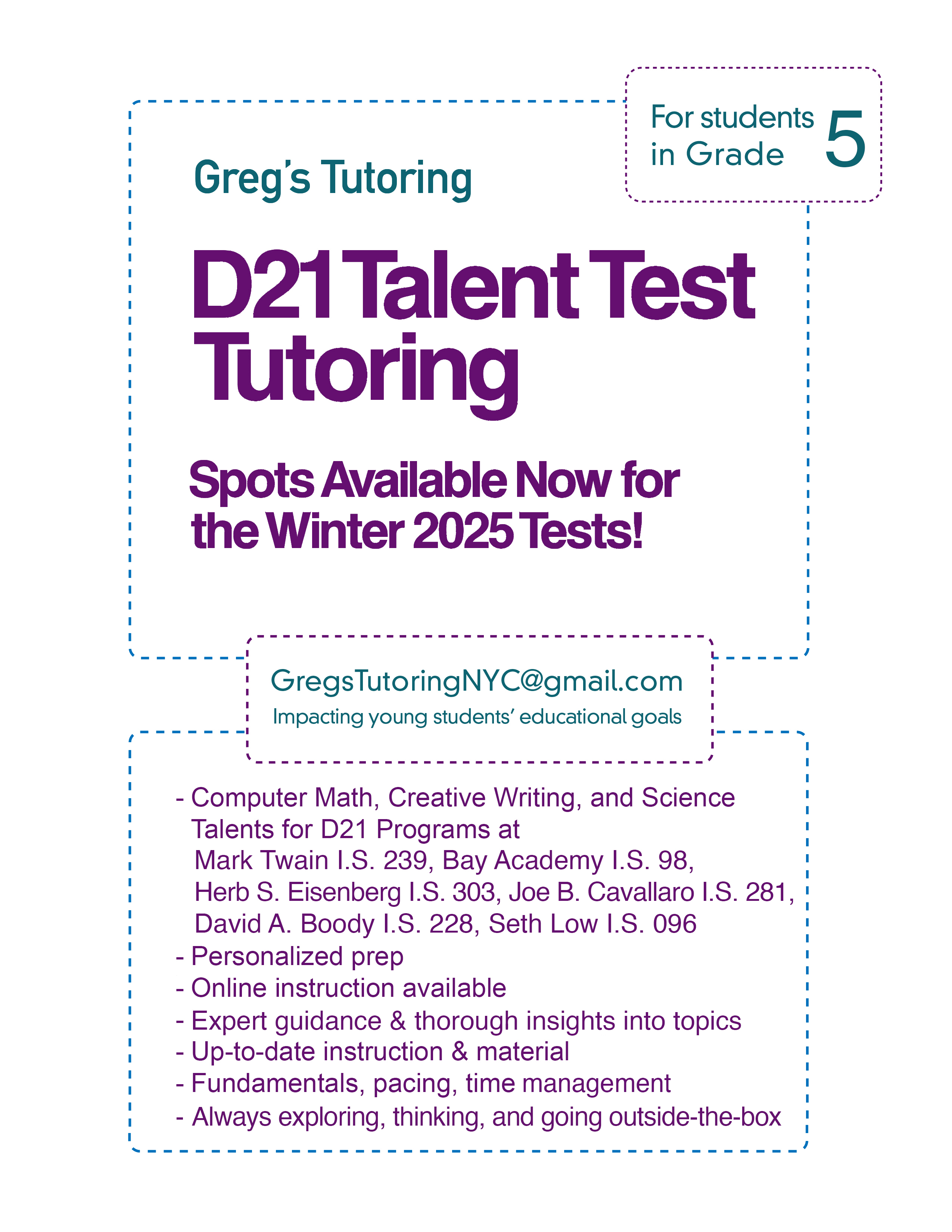 Mark Twain Middle School (Twain239) D21 Talent Test Tutoring Available Now